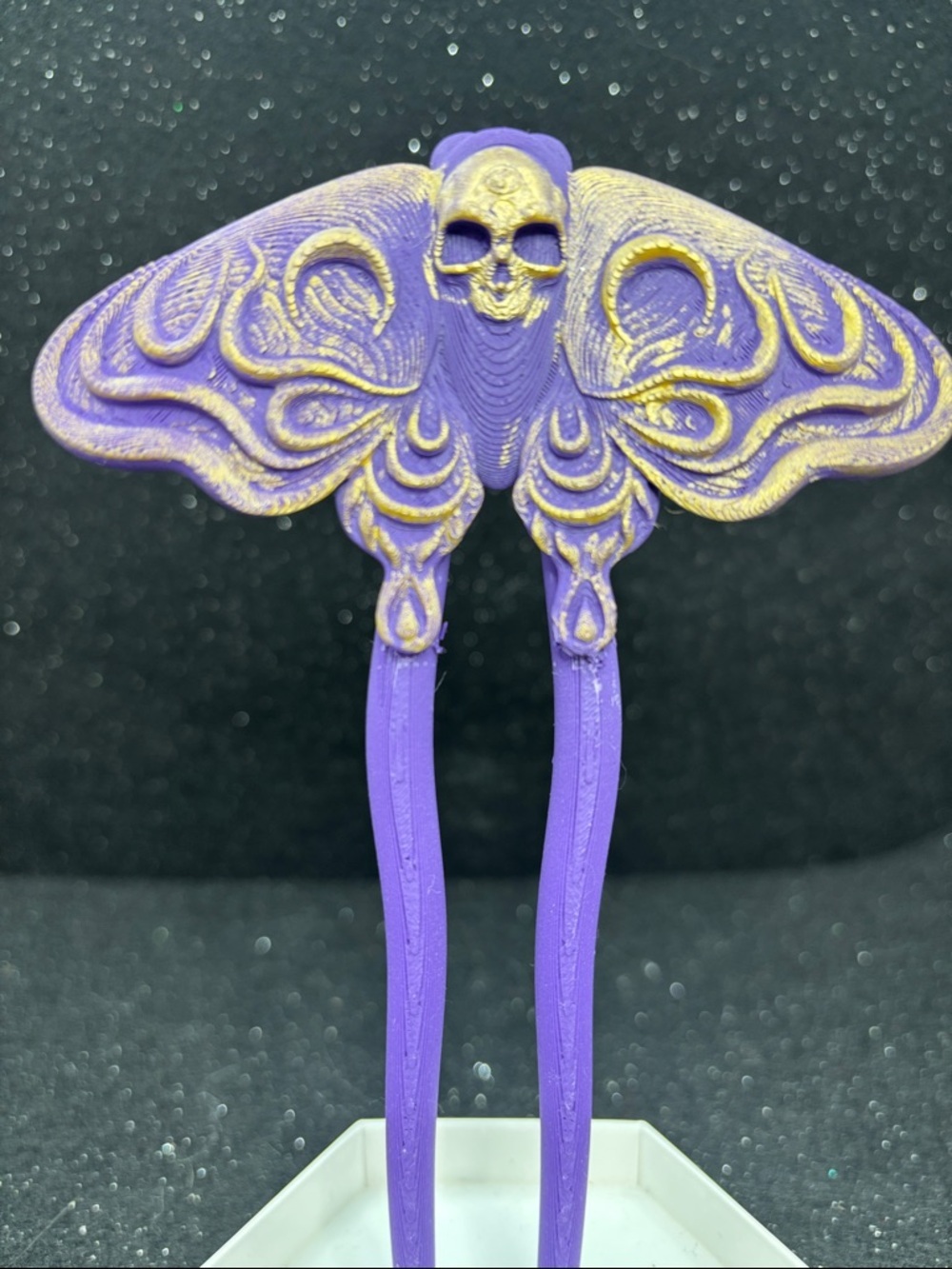 Skull Moth Hair Pin | Hand Painted Purple & Gold Gothic Hair Pin